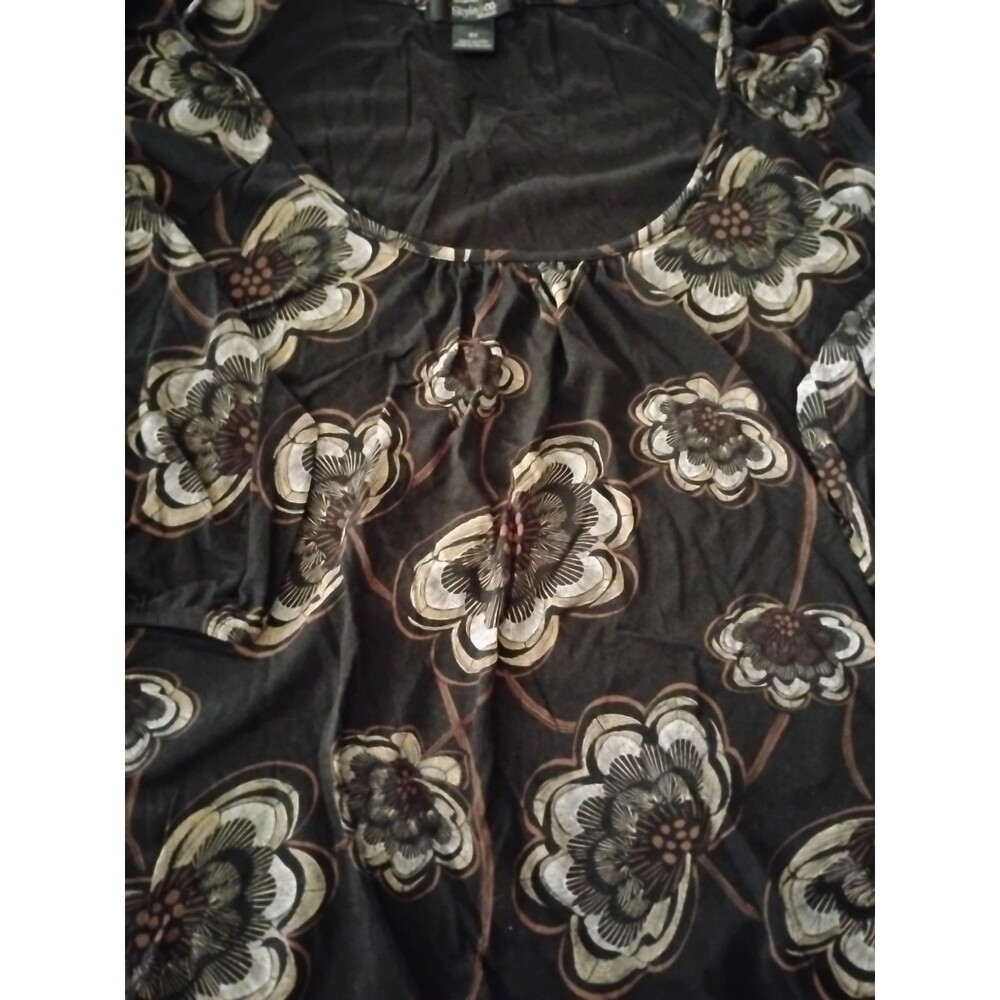 Style & Co Women Blouse 3X Black Floral Lotus Print Elastic Waist/ Sleeve Top